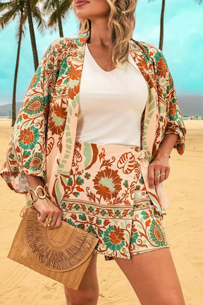 Trijunto de shorts/saia kimono com manga 3/4 e regata decote V Ivete