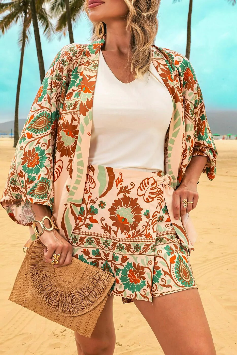 Trijunto de shorts/saia kimono com manga 3/4 e regata decote V Ivete