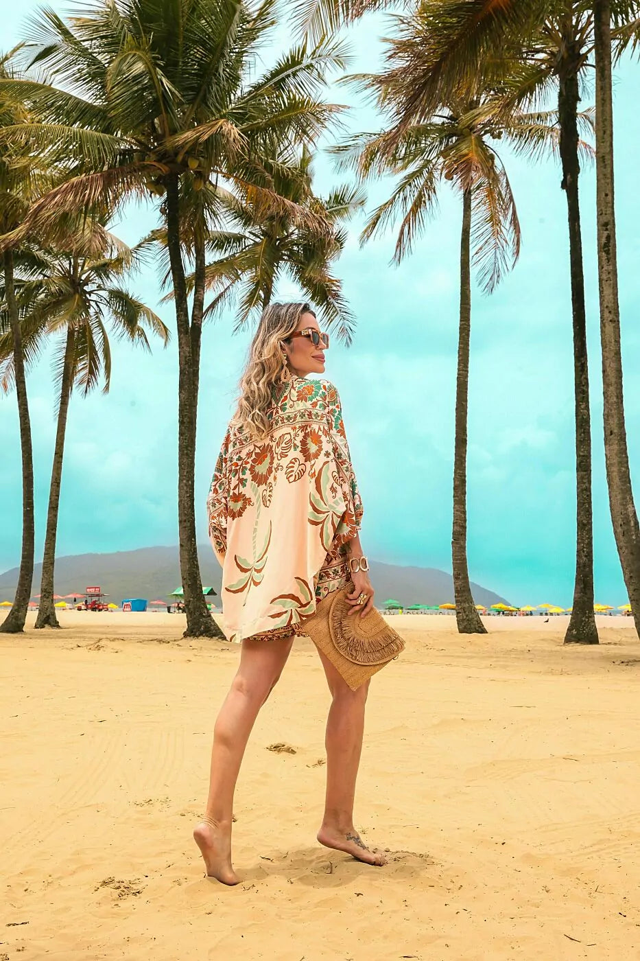 Trijunto de shorts/saia kimono com manga 3/4 e regata decote V Ivete