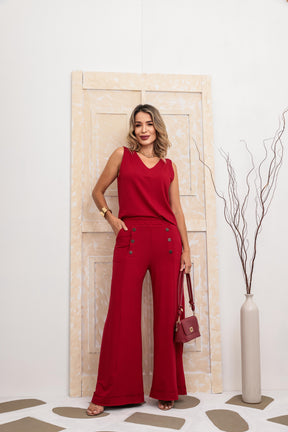 Conjunto de calça pantalona com blusa regata e decote V Heloísa