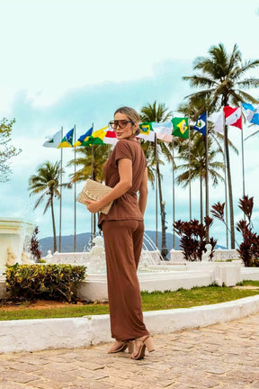 Conjunto de calça calça com blusa transpassada regata Glória
