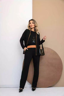 Trijunto de calça reta blusa regata e cardigã manga longa Eleonora