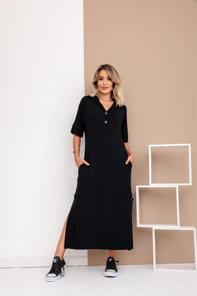 Vestido longo de manga 3/4 e gola colarinho Abigail