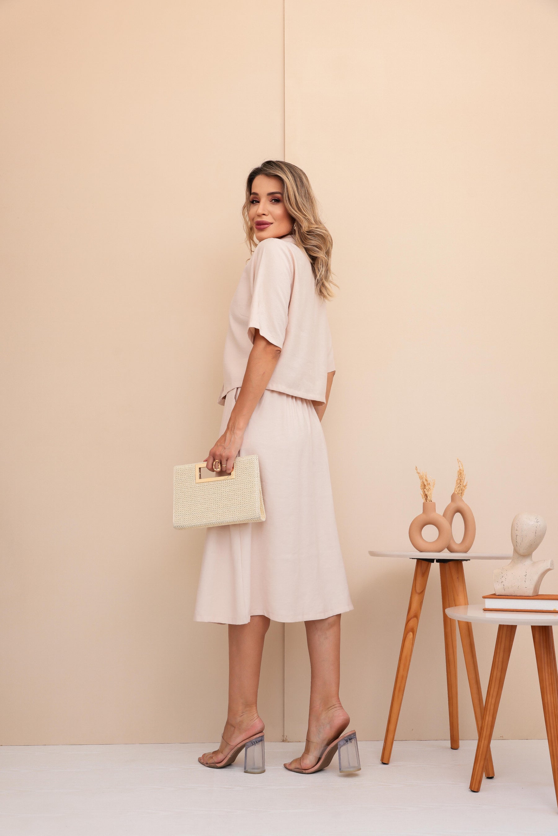 Conjunto de saia e blusa com botões Isabela