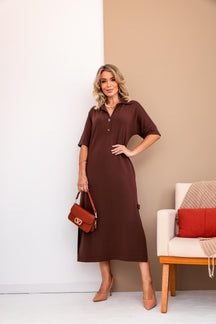 Vestido longo de manga 3/4 e gola colarinho Abigail
