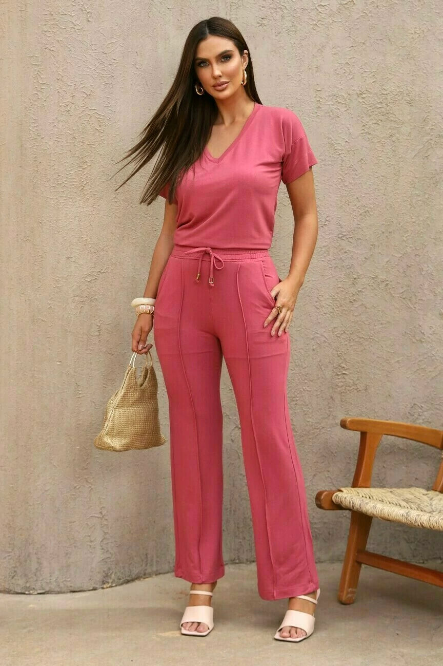 Conjunto de calça flare e blusa manga curta com gola V Esmeralda