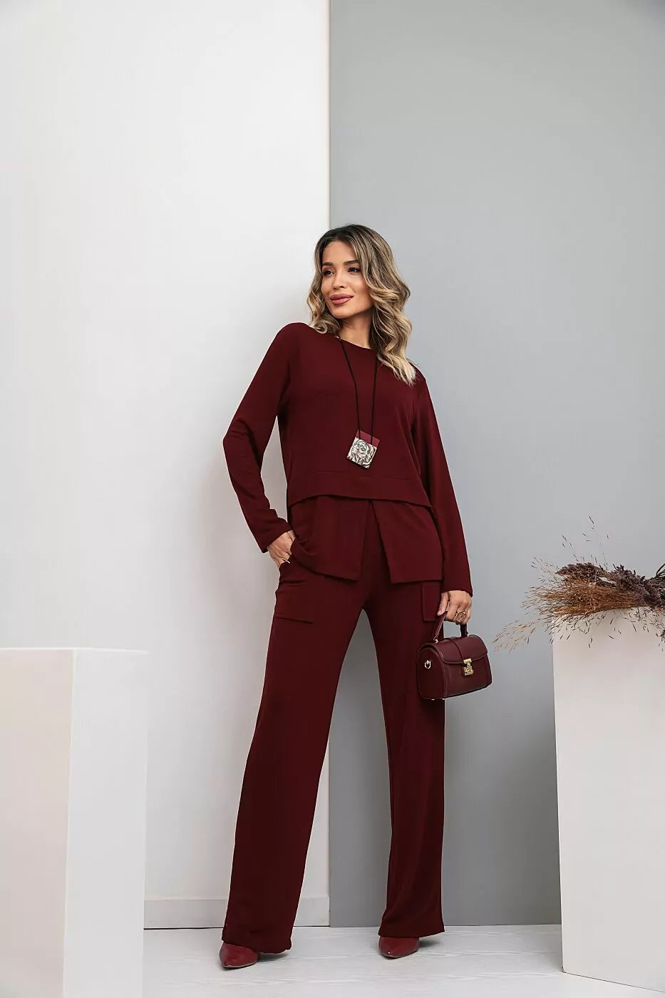 Conjunto de calça reta com blusa de manga longa Rose