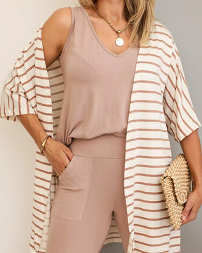 Trijunto de calça flare com regata gola V e cardigã manga 3/4 Silvia