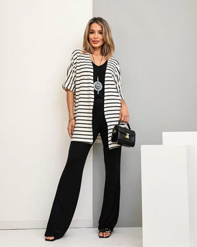 Trijunto de calça flare com regata gola V e cardigã manga 3/4 Silvia