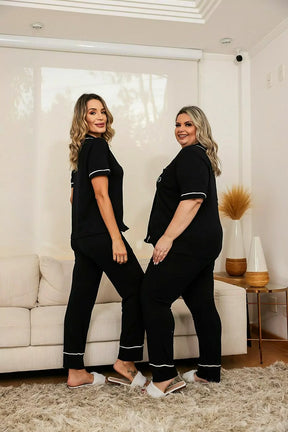 Pijama de calça e camisa com botões manga curta Celeste