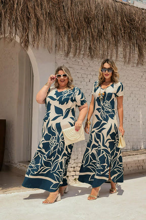 Vestido longo de manga curta com decote redondo Verão