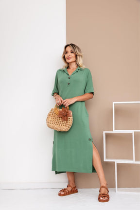 Vestido longo de manga 3/4 e gola colarinho Abigail