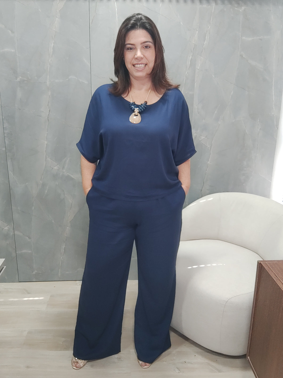 Conjunto de calça pantalona e blusa manga curta Lívia