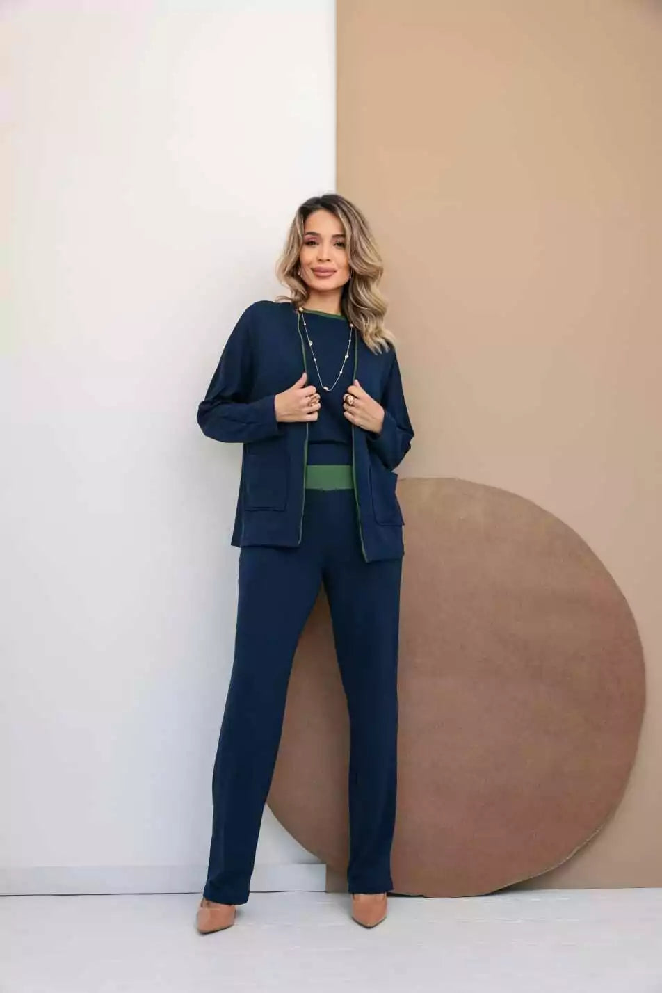 Trijunto de calça reta blusa regata e cardigã manga longa Eleonora