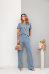 Conjunto de calça reta com blusa de manga curta Dália