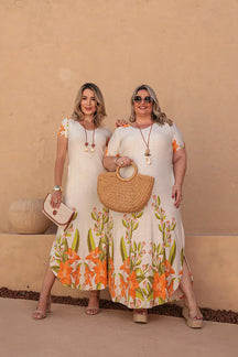 Vestido longo de manga curta com decote redondo Verão