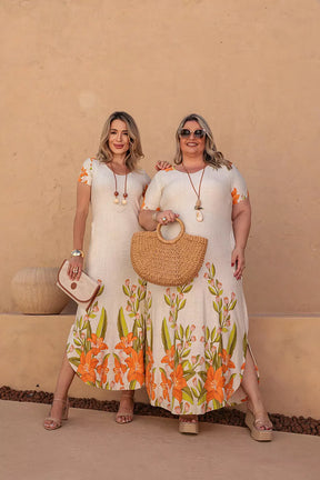 Vestido longo de manga curta com decote redondo Verão