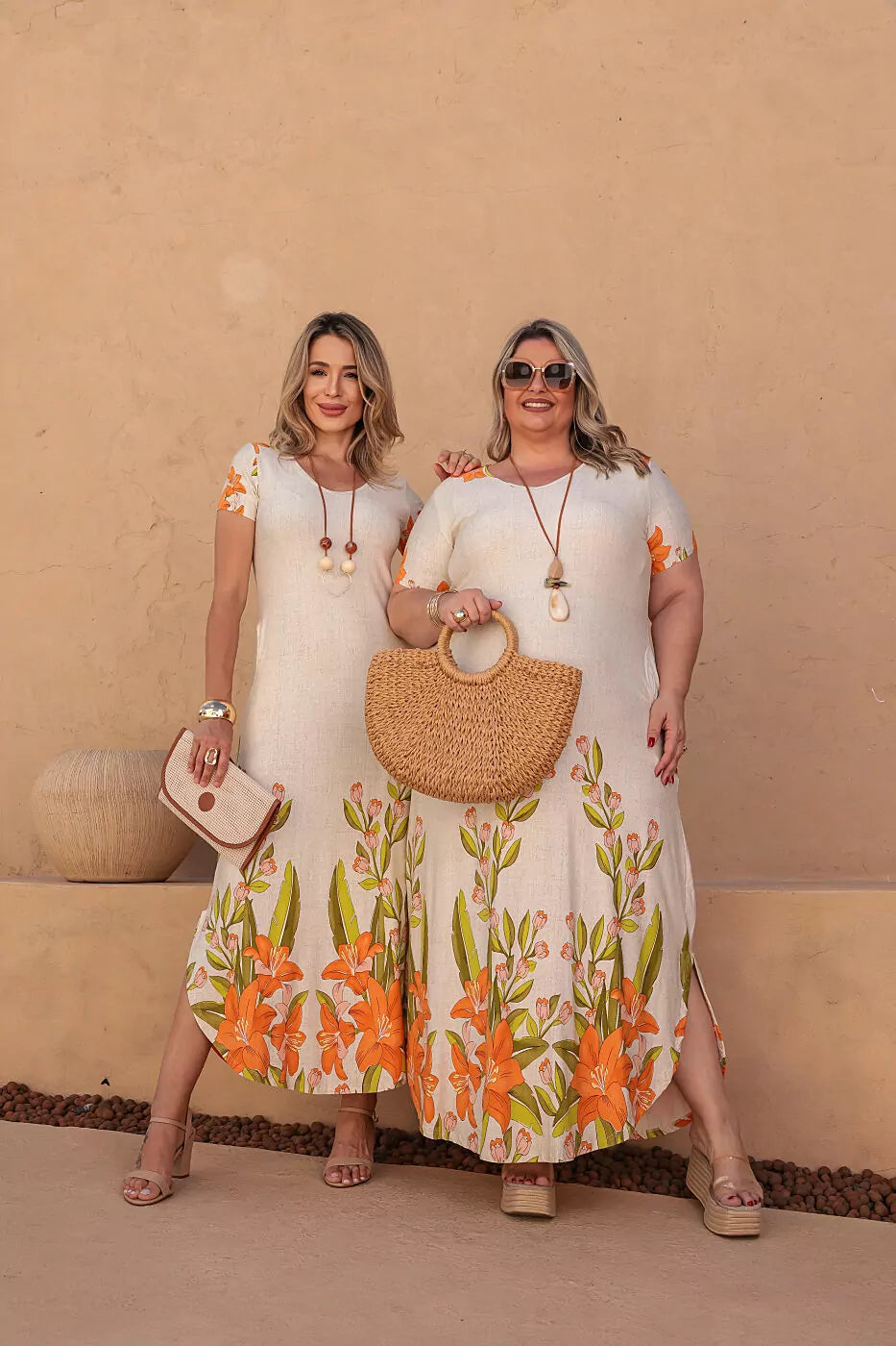 Vestido longo de manga curta com decote redondo Verão