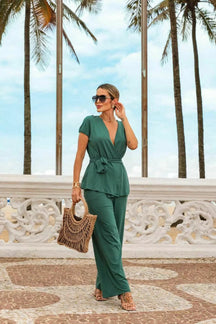 Conjunto de calça calça com blusa transpassada regata Glória
