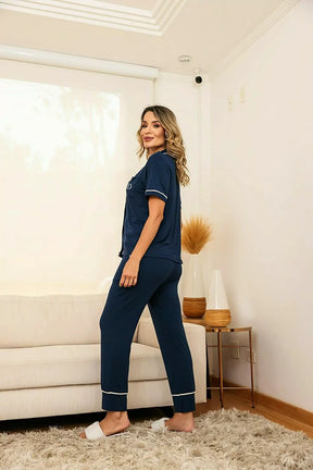 Pijama de calça e camisa com botões manga curta Celeste