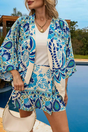 Trijunto de shorts/saia kimono com manga 3/4 e regata decote V Ivete