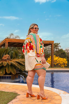 Trijunto de shorts/saia kimono com manga 3/4 e regata decote V Ivete